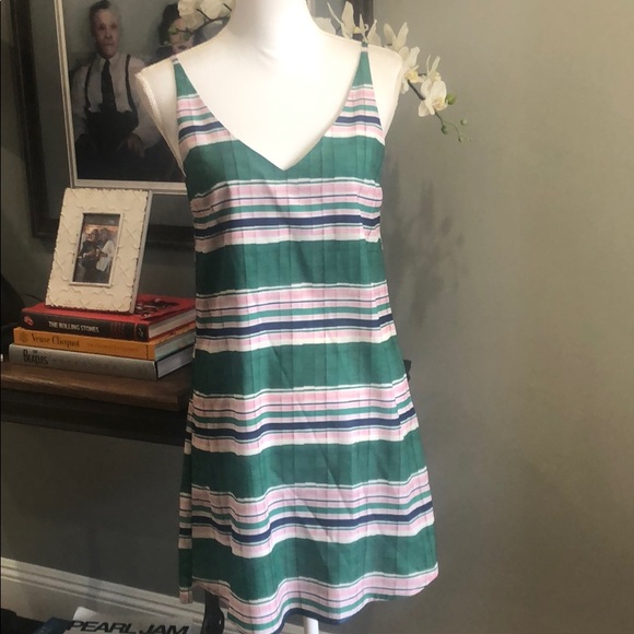 Topshop Faux Pleat Striped Slip Dress Green Pink 4 - Picture 3 of 7